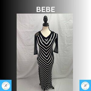 BEBE MAXI DRESS SWAROVSKI RHINESTONE LOGO BLACK/WHITE STRIPED DESIGN